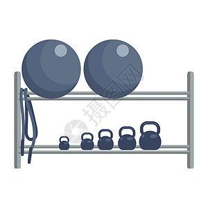 运动壶装有铃和健身球的罐壳半平板彩色矢量物体设计图片