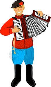 身穿红色衬衫和毡靴的俄罗斯男子正在拉手风琴 一位年轻的手风琴演奏者在音乐节上演奏原声乐器设计图片