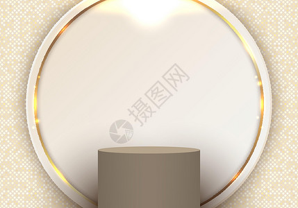 白底圆形素材摘要模板 优雅的 3D棕色圆柱形圆球台金环背景 白底有亮光效应设计图片