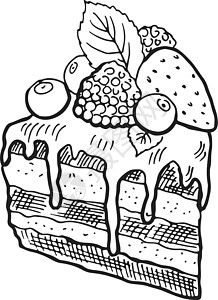 轻乳酪蛋糕用手画的风格 在顶部用冰滴和浆果绘制蛋糕切片设计图片