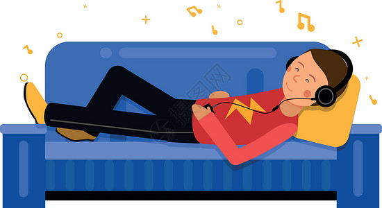 躺在沙发上人沙发上听音乐的人 家庭休闲时间设计图片