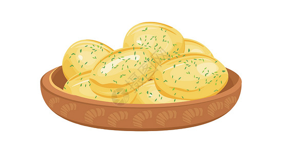 装满食物碗碗马铃薯 素食菜 熟制产品 设定矢量插图设计图片