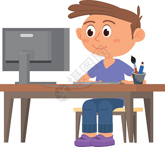 漫画男生坐在电脑桌上的孩子 笑男孩的性格设计图片
