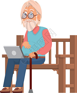 有笔记本电脑的老人坐在长椅上设计图片