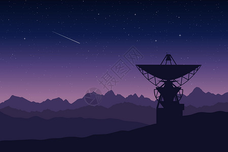 女生用望远镜夜里在更远的山区用射电望远镜进行矢量说明 观测台空间研究站对星空的一个大型天线的西尔光光显示仪(Silhouette)设计图片