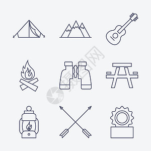 外出野营图标轮廓描边露营图标活动远足帐篷生存营火娱乐手电筒旅行艺术露营者设计图片