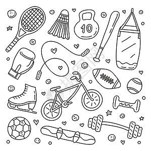 自行车手套一套涂鸦运动用品 设备活动健身房滑雪板蝙蝠跳绳羽毛球哑铃训练滑雪拳击设计图片