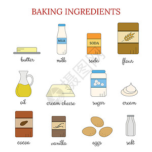 香草黄油白汁烹饪原料奶油可可面包黄油产品厨房苏打牛奶菜单食谱设计图片