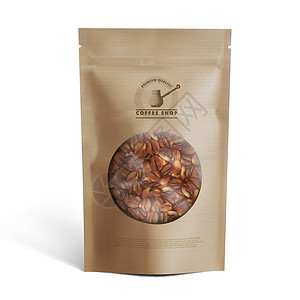 袋子咖啡豆在透明窗口中带咖啡豆的空白棕色纸袋咖啡包装品牌压缩产品嘲笑推广小样豆子拉链设计图片