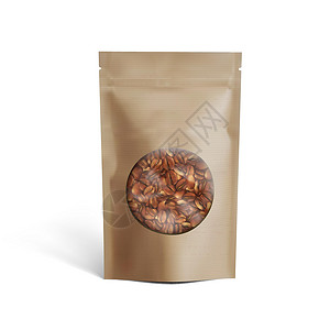 光滑咖啡豆在透明窗口中带咖啡豆的空白棕色纸袋回收产品拉链推广包装小袋牛皮纸压缩豆子食物设计图片