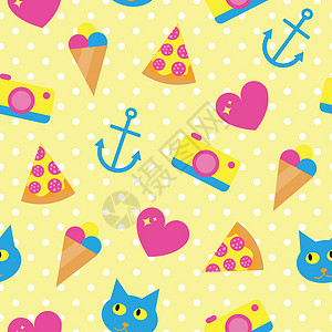 猫图沙滩图标的无缝图案女孩海滩织物贴纸相机徽章艺术乐趣奶油冰淇淋设计图片