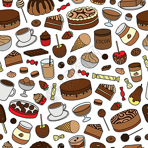 酒吧涂鸦素材手画巧克力甜点的无缝图案饼干糕点鞭打食物黄油面包奶油产品饮料餐厅设计图片