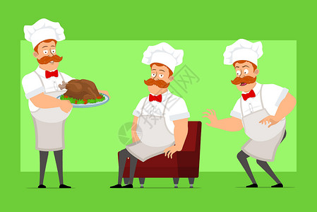 靠脸吃饭卡通平板脂肪厨师烹饪人 性格矢量男人微笑菜肴面包师食物领结帽子沙发火鸡手势设计图片
