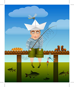 鱼卷夏季钓鱼 青年渔夫坐在木桥上 双腿悬在水中垂钓 明亮温暖的颜色 好笑的故事 矢量图像设计图片