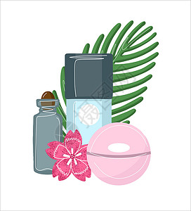 手工香水天然生态友好化妆品的成分 树叶背景上带有粉红色花朵的奶油和管子 用简单 最起码的平板风格来说明奢华手绘疗法涂鸦芳香地面广告展示瓶设计图片