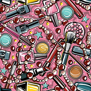 手绘眼影无缝模式 粉红色背景上明亮的装饰化妆品 珠子 眼影 唇膏 交织成一个单一的图案 为青少年手绘时尚素描风格的插图设计图片