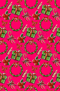 冬青无缝模式 圣诞礼物 带糖果和花圈 在明亮的粉红背景上设计图片