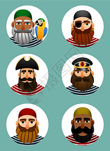 一群圆形水手的肖像画 他们都是海贼头发头巾男性胡子三角用户厨师收藏团队职业设计图片