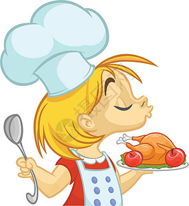 拿着勺子的女孩卡通小女孩拿着土耳其感恩节的托盘假期围裙感恩火鸡午餐服务烹饪厨师裙子主妇设计图片