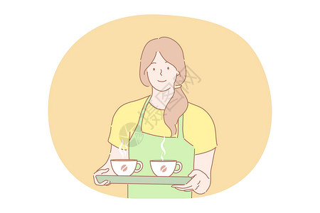 面包店服务员咖啡店 服务 广告概念咖啡屋闲暇杯子早餐咖啡商业卡通片饮料女性围裙设计图片