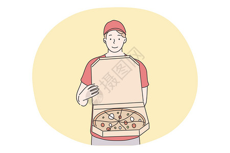 快餐盒子比萨 家庭快餐交付概念男性学生食物工人服务微笑顾客卡通片命令盒子设计图片