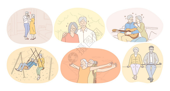 老年奶奶唱歌生活快乐 积极生活方式概念的老年夫妇老年人口女性活动微笑祖父母退休祖母祖父吉他闲暇卡通片设计图片