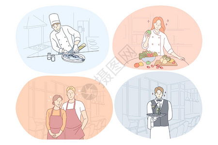厨房的人餐馆工人 厨师 厨师 服务员 咖啡业概念设计图片
