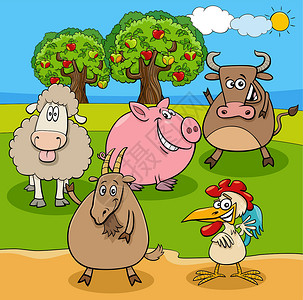 卡通羊草原上的卡通农场动物群设计图片