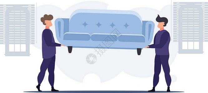 买二送二移动者或信使携带沙发 将包裹送回家或搬家的概念 卡通风格 矢量图示设计图片