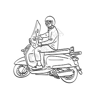 摩托头盔身戴头盔的长者骑着摩托车倒影 用白色背景线艺术脱钩的手画在白色背景线上设计图片