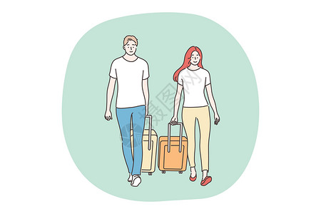 我们一起去旅行假日 旅行 旅游概念女士家庭卡通片航班远足者行李女性丈夫妻子娱乐设计图片