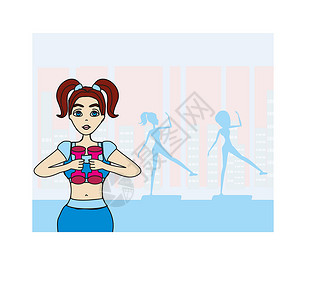 肌肉肱二漂亮的黑褐色女人 在健身房里用两个哑巴在锻炼设计图片