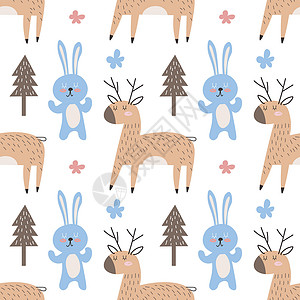 森林兔子森林无缝模式与可爱的动物-鹿和兔子 矢量图 斯堪的纳维亚风格的平面设计 儿童概念 纺织印花 海报 卡片 EPS设计图片
