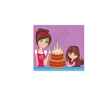 端着蛋糕妈妈母亲和女儿一起装饰蛋糕设计图片