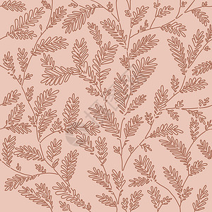 多枝的无缝矢量棕色线叶和米地底的树枝图案 手画花卉植物壁纸设计图片