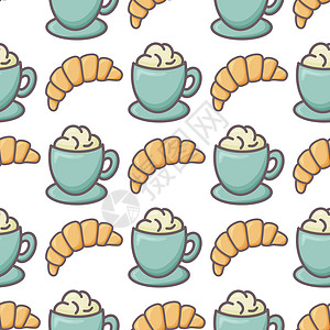 羊角面包和咖啡鳄鱼和咖啡无缝无缝模式矢量说明设计图片