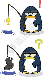 鱼谷洞带钓鱼棒的小企鹅卡通设计图片