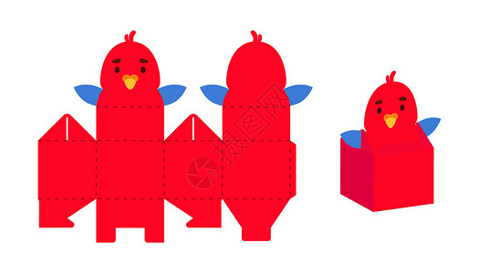青绿色小鹦鹉简单的包装盒鹦鹉设计 适合糖果 糖果 小礼物 用于任何目的 生日 迎婴派对的派对包模板 打印 剪裁 折叠 粘合 矢量库存插图设计图片