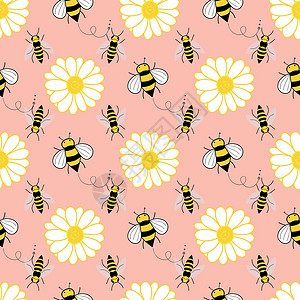 黄色鲜花装饰粉红色背景的无缝模式蜜蜂和鲜花设计图片