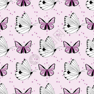 无缝模式 白蝴蝶和紫蝴蝶在粉红背景与恒星的粉红色背景上设计图片