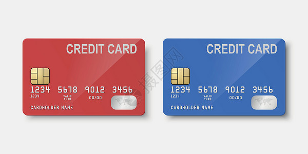 店铺品牌形象样机矢量 3d 逼真的红色和蓝色空白信用卡隔离 用于样机 品牌的塑料信用卡或借记卡设计模板 信用卡付款概念 前面设计图片