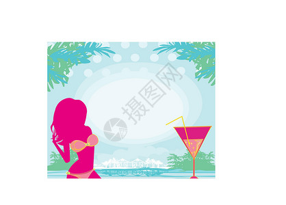 女孩喝海和棕榈树背景上的夏月女孩和烧烤设计图片
