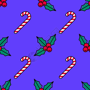 圣诞鲜花充满鲜花果和糖果甘蔗的圣诞无缝模式 在紫罗兰背景上 卡通风格 振奋人心的颜色设计图片