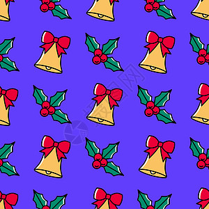 霍利什克斯圣诞风顺无缝的图案 在紫色背景上有霍利和手铃 带红丝带的卡通风格设计图片