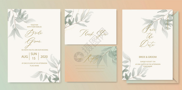 豪华婚礼邀请卡背景与绿色水彩植物叶子 婚礼和 vip 封面模板的抽象花卉艺术背景矢量设计背景图片