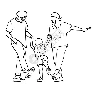 在爸爸背上父亲和母亲与孩子一起玩耍的艺术一线父母 在白色背景上被孤立地画出插图矢量手设计图片
