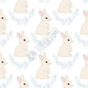 正能量兔宝宝无缝兔型 可爱的小兔子包装卡通片叶子绘画插图草图打印涂鸦纺织品庆典设计图片