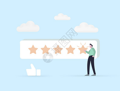 评价星星素材客户评价和满意度反馈审查 绩效评级概念 自信的商务人士或客户性格给予 5 星 正面排名以获得最佳质量结果设计图片