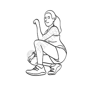 女性运动员跑步者在长时间锻炼后休息 用白色背景线艺术脱钩的矢量手进行展示设计图片