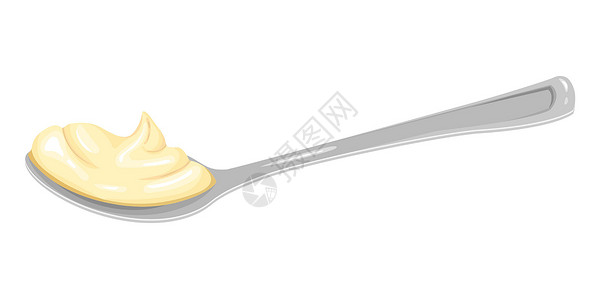 甜扁桃油配有蛋黄酱的卡通汤匙香草奶油产品餐具银器液体厨具奶制品杯子插图设计图片